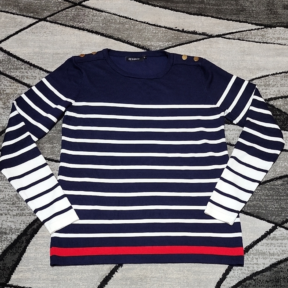 BENANCY GOLD METAL BUTTON COLOR-BLOCK STRIPE LIGHTWEIGHT SWEATER